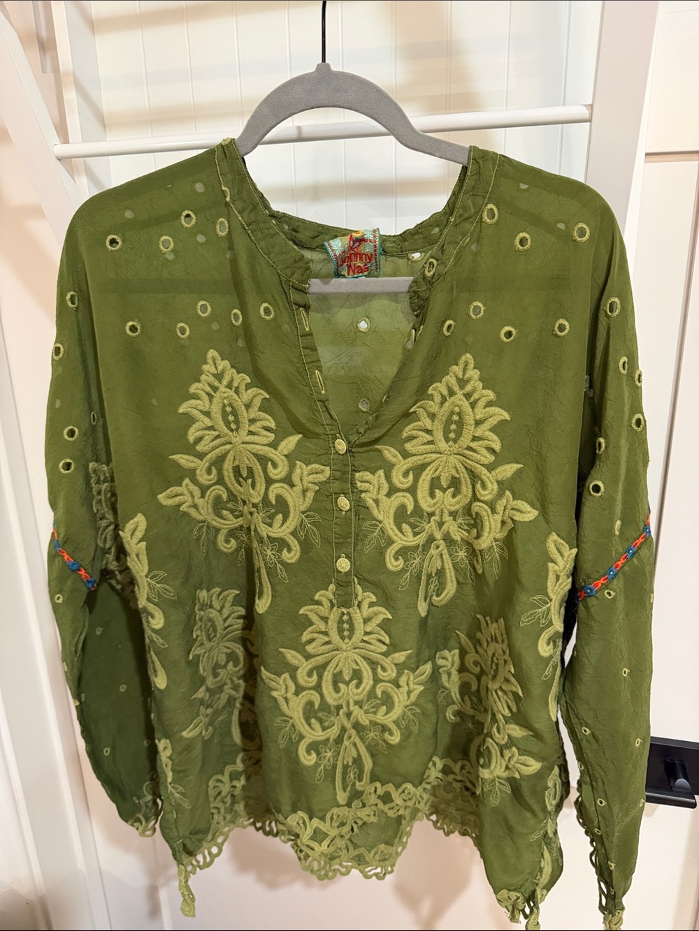 Johnny Was Olive Green Embroidered Tunic Top